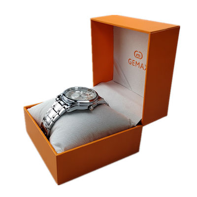 Glossy Printing Paper Watch Box Orange Color Custom Logo With Foam Pillow